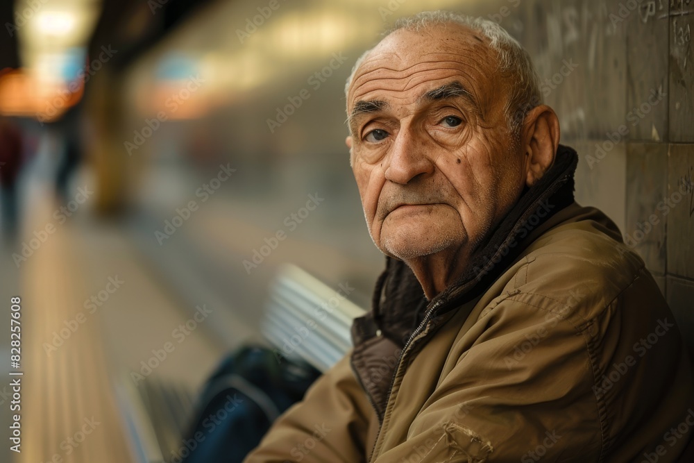 An elder man sitting on a bench at a subway station, looking pensively at the camera An elder man sitting on a bench at a subway station, looking pensively at the camera