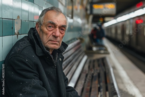 A senior man with a forlorn expression waiting alone at an underground subway stop