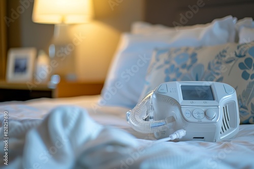 A continuous positive airway pressure (CPAP) machine on a bed with hotel style bedding and furnishings