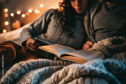 A close-up of an individual enjoying a book in a cozy, warmly lit room with textile textures