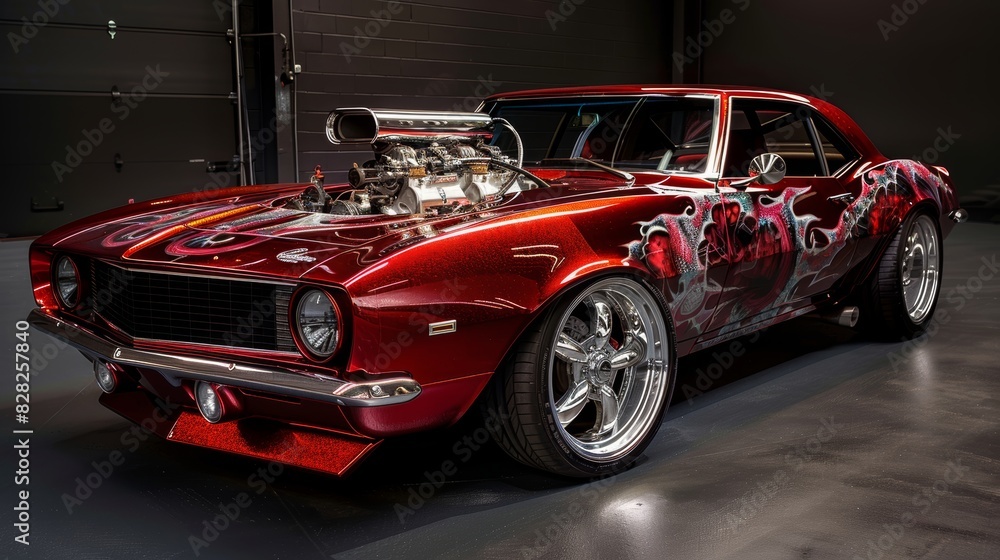 Naklejka premium Customized and upgraded car engines with performance enhancements and unique paint jobs