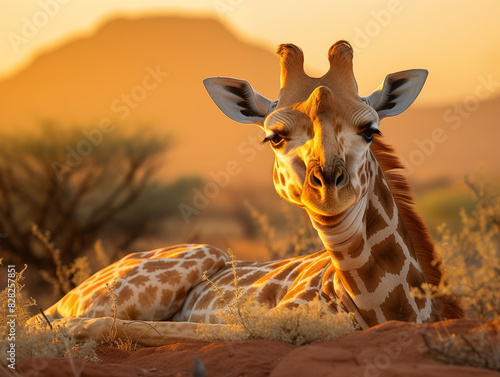A Giraffe In A Resting Position, Leaning Against A Large Rock On The African Savannah