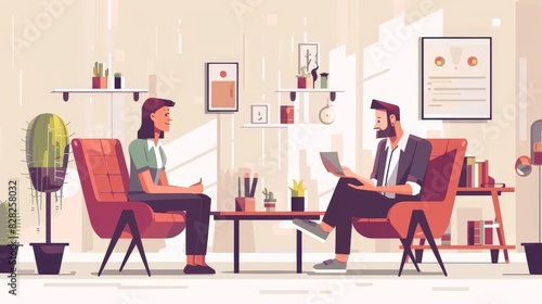 A flat design depiction of an interview scenario with a journalist asking questions to a subject. The scene features minimalistic backgrounds and characters, focusing on the interaction between the photo