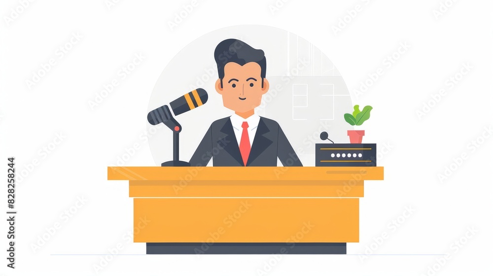 A flat design news anchor character depicted sitting behind a desk with a microphone, delivering the latest news updates to viewers with authority and confidence. The scene is kept simple with clean A flat design news anchor character depicted sitting behind a desk with a microphone, delivering the latest news updates to viewers with authority and confidence. The scene is kept simple with clean