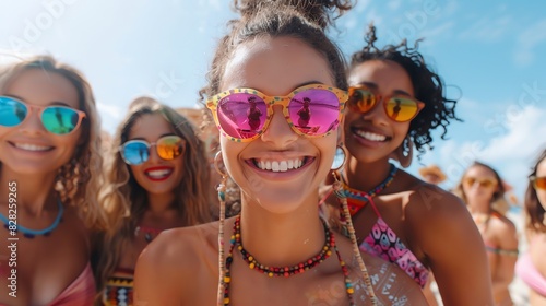 A group of people with rainbow sunglasses posing for a photo