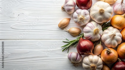 Garlic and Onion scattered on white background. top view