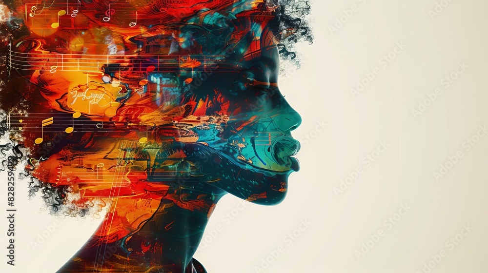 © Nawarit - Double exposure of a musicians profile blending with musical notes and vibrant colors, capturing the essence of creativity and expression © Nawarit - Double exposure of a musicians profile blending with musical notes and vibrant colors, capturing the essence of creativity and expression