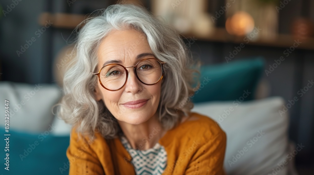An older, contented woman with grey hair and a smile on her face is posing indoors at home with spectacles on. An older, contented woman with grey hair and a smile on her face is posing indoors at home with spectacles on.