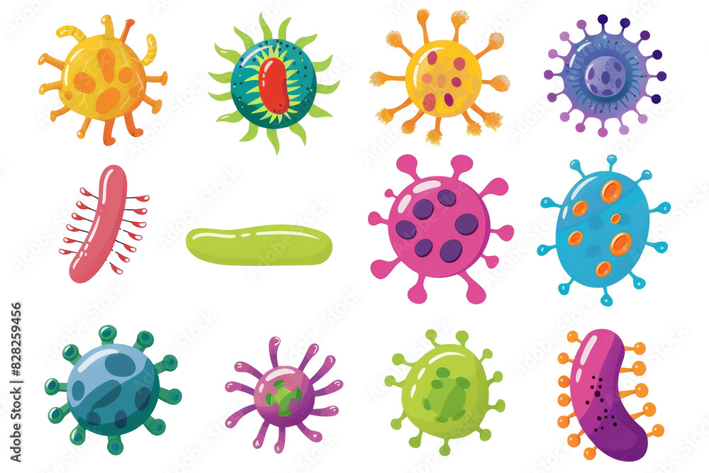 set of microbe and virus icons with a focus on common bacteria like E. coli and Staphylococcus aureus. set of microbe and virus icons with a focus on common bacteria like E. coli and Staphylococcus aureus.