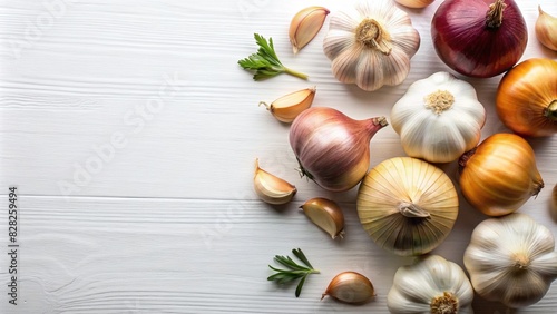 Garlic and Onion scattered on white background. top view