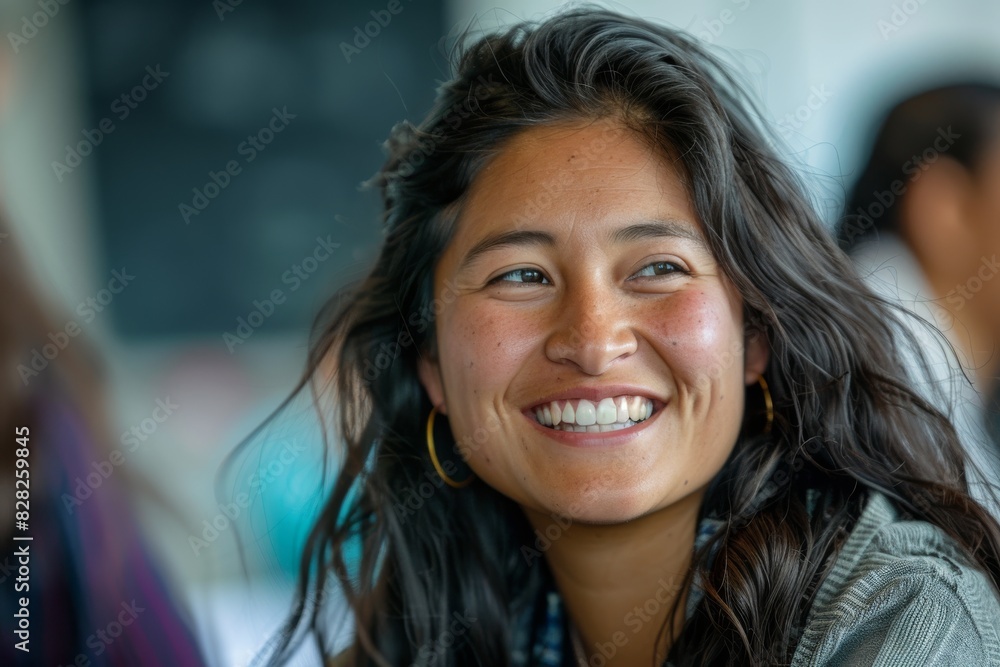 A woman with a beaming smile enjoys the camaraderie of friends in a casual setting A woman with a beaming smile enjoys the camaraderie of friends in a casual setting