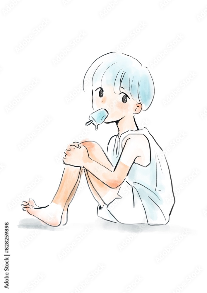 アイスを食べている日焼けした子供