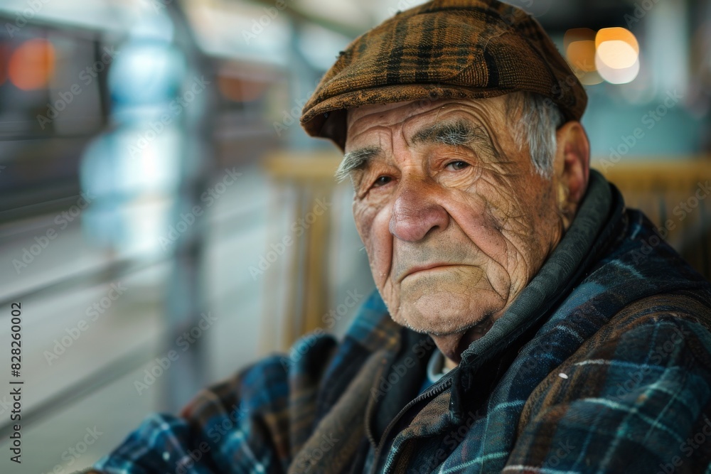 A lone senior wearing a checked cap and jacket is seen seated on a train platform, suggesting quiet reflection A lone senior wearing a checked cap and jacket is seen seated on a train platform, suggesting quiet reflection