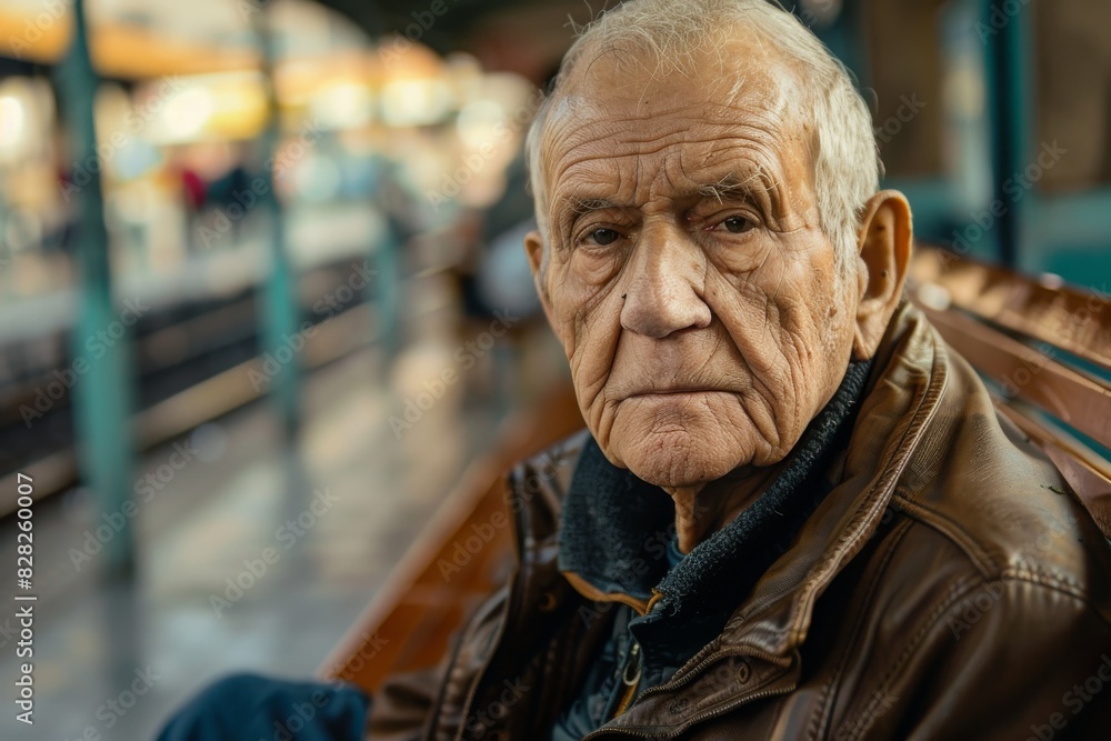 A senior man with a weathered face sits alone with a contemplative look in an urban setting A senior man with a weathered face sits alone with a contemplative look in an urban setting