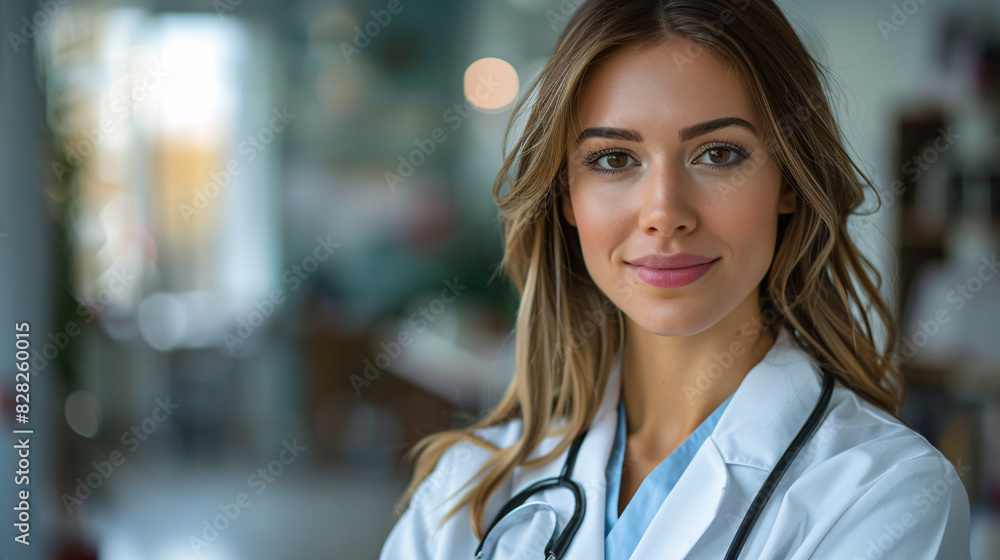 Confident female doctor with stethoscope in a medical office Confident female doctor with stethoscope in a medical office