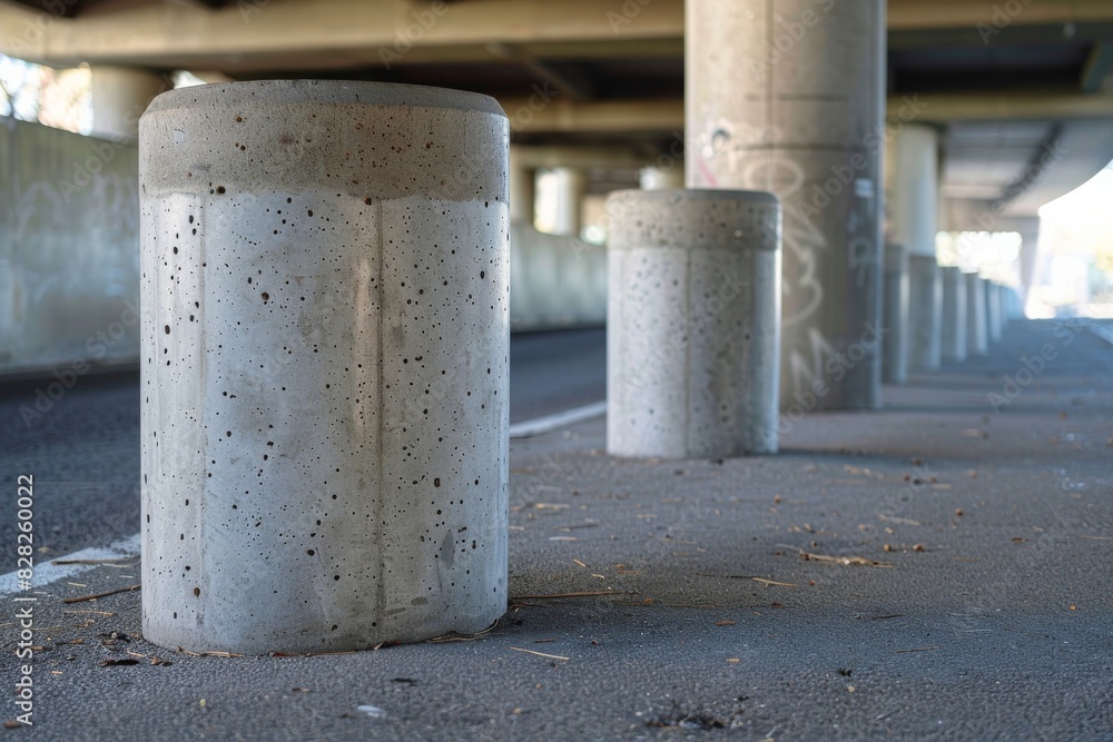 Detailed view of a singular concrete bollard with graffiti-laden bridge pillars behind