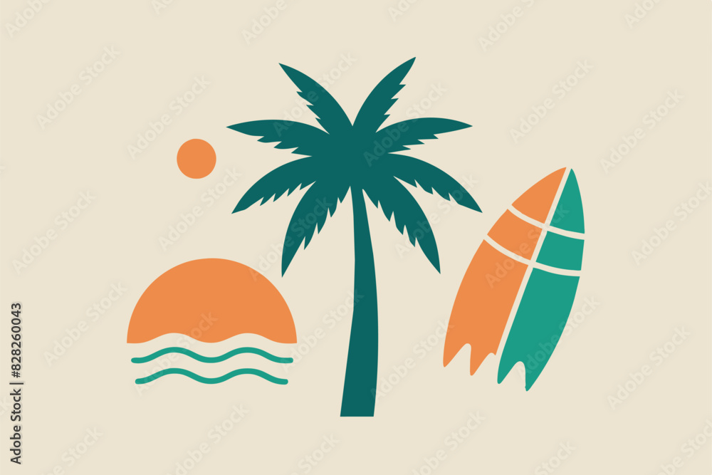 Vector logo and print design templates, summer palms, tropical hand drawn illustrations, tropical surfing concept, vacation and travel, palm trees