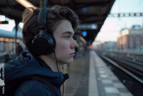 A teen boy wearing headphones looks away thoughtfully while waiting at a train station during twilight photo