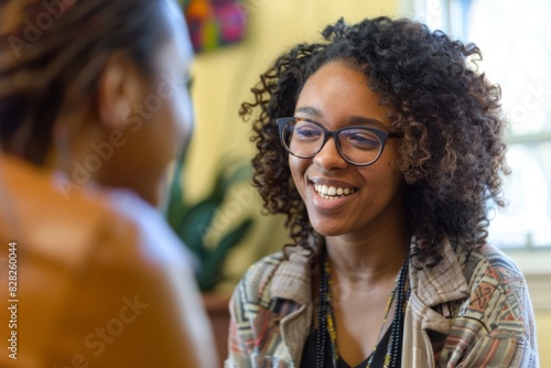 A vibrant young woman with curly hair shares a laugh in a colorful and warm indoor setting © ChaoticMind