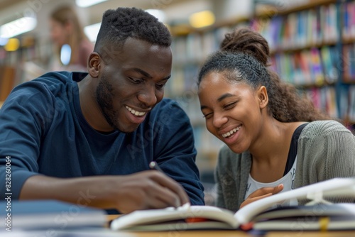 A male and a female student share a joyous moment while studying together in a library setting