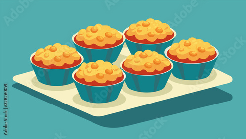 Delicious and gooey mac and cheese bites served in mini muffin tins for an easy and irresistible party snack.. Vector illustration