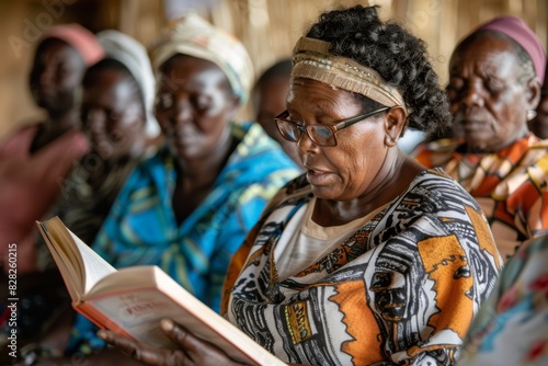 An elderly African woman in traditional clothing attentively reads a book with others in background