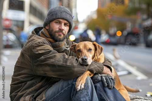 A young bearded man on an urban street hugging his dog, depicting the bond between human and pet