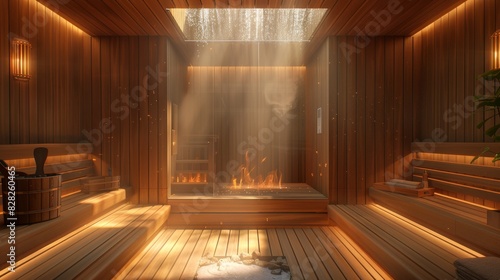 Capture the serene ambiance of a rear view sauna with intricate wood paneling, soft, inviting lighting, and a hint of rising steam, using a digital photorealistic technique