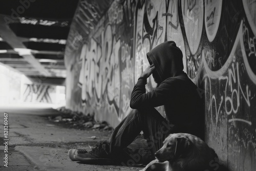A hooded figure sits in contemplation beside a dog against a graffiti-covered wall under a bridge photo