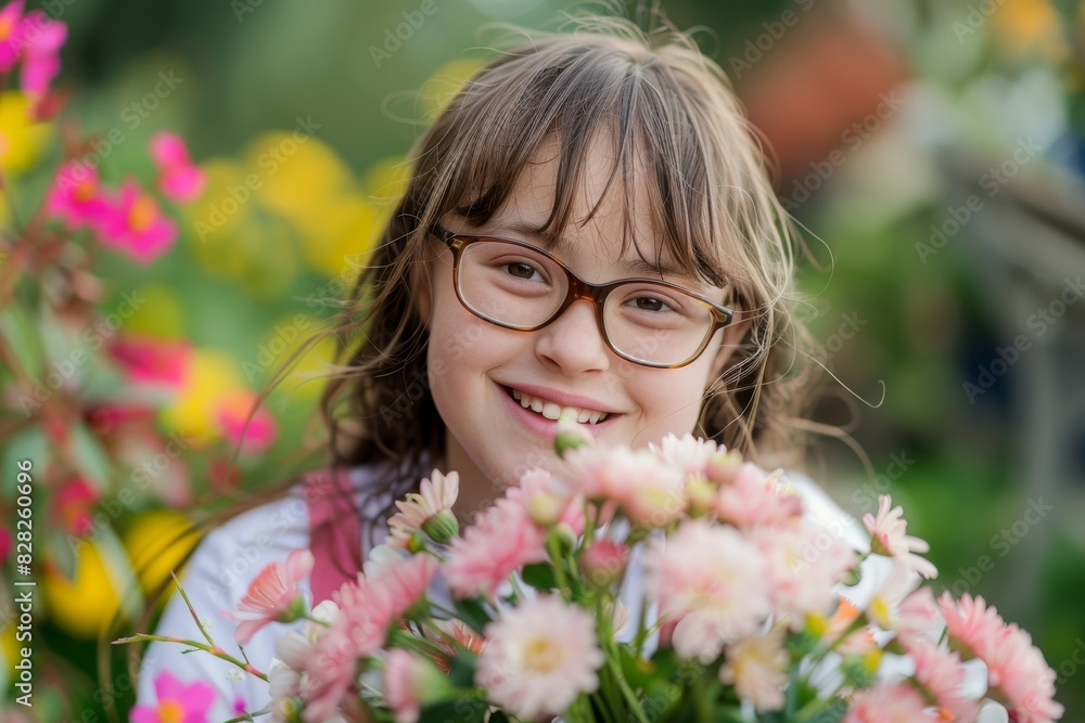 Cheerful young girl smiling in a garden, glasses framing her joyful eyes Cheerful young girl smiling in a garden, glasses framing her joyful eyes