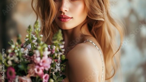 Beautiful woman wearing a new outfit in a close-up wedding shot.