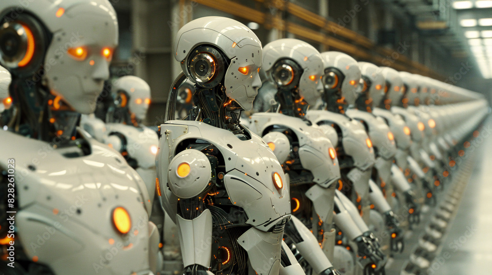 Cybernetic robots in a high-tech manufacturing environment, performing precise tasks Cybernetic robots in a high-tech manufacturing environment, performing precise tasks