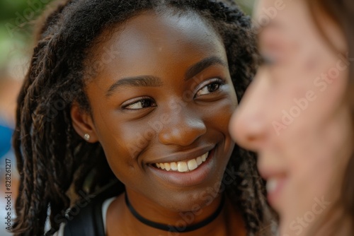 An African American woman pleasantly engaging in an outdoor conversation with a visible interaction partner