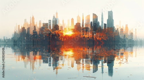 Design a digital artwork of a futuristic city skyline integrated with organic whole grains silhouettes Blend the urban landscape with the natural elements for a fresh and captivati