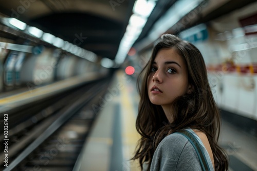 A young woman waiting on a subway platform looks over her shoulder with a blurred background