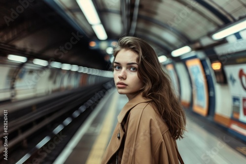 Young woman waits pensively at an empty underground train station