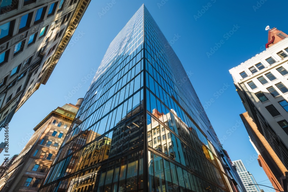 A contemporary skyscraper featuring a reflective glass exterior among other buildings in a downtown urban area