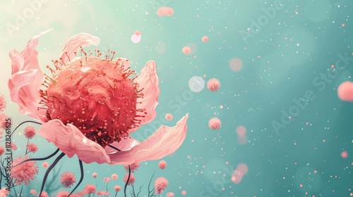 Digital art of a pink ethereal flower floating against a soft turquoise background with delicate floral elements.