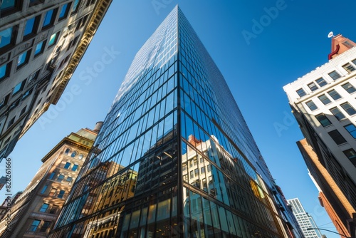 A contemporary skyscraper featuring a reflective glass exterior among other buildings in a downtown urban area