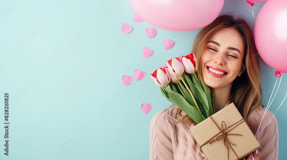 woman on a light background holding a present box, and tulips woman on a light background holding a present box, and tulips
