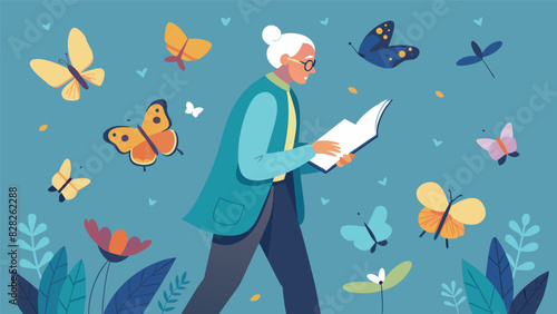 An older adult carefully documenting different types of butterflies they come across during a leisurely walk through a butterfly sanctuary.. Vector illustration