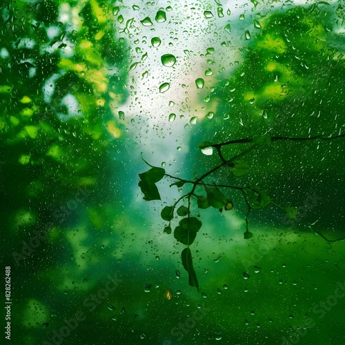 close up ofwater drops on glass in a greenish background with leaf photo