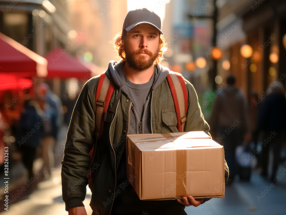 Delivery man walking with a package on a bustling city street with warm sunlight and urban background, concept of courier service. Generative AI Delivery man walking with a package on a bustling city street with warm sunlight and urban background, concept of courier service. Generative AI