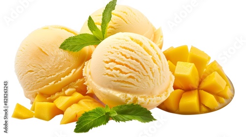 creamy mango ice cream scoop on solid transparent background