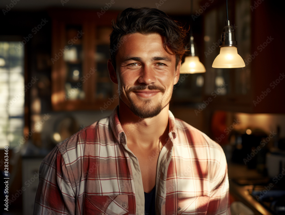 Smiling man in a plaid shirt indoors, warm interior lighting, homely kitchen background, concept of lifestyle. Generative AI
