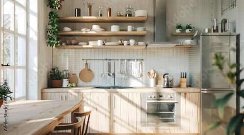 A minimalist kitchen layout that incorporates white surfaces and light wood features, emphasizing simplicity and functionality while maintaining a sense of openness and tranquility photo