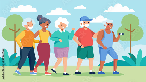 A group of seniors gather at the park each sporting a different fitness tracker as they engage in a friendly competition to see who can walk the most steps.. Vector illustration