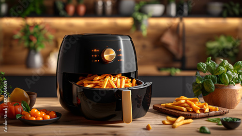 Black air fryer with tasty fries product 