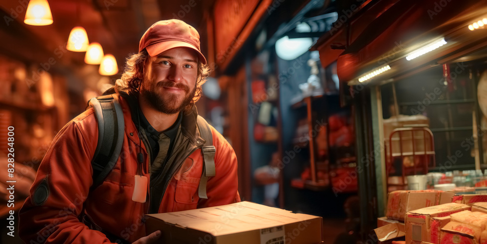 A smiling man with a cap holding a package in a warm-lit store, concept of delivery service. Generative AI A smiling man with a cap holding a package in a warm-lit store, concept of delivery service. Generative AI