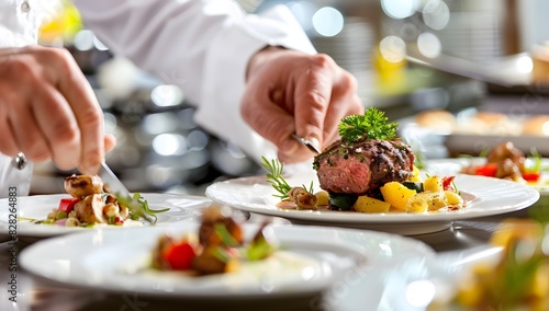 Fototapeta Naklejka Na Ścianę i Meble -  chef is plating up three plates of fine dining food in the kitchen. A closeup of one plate focuses on the meat dish and vegetables
